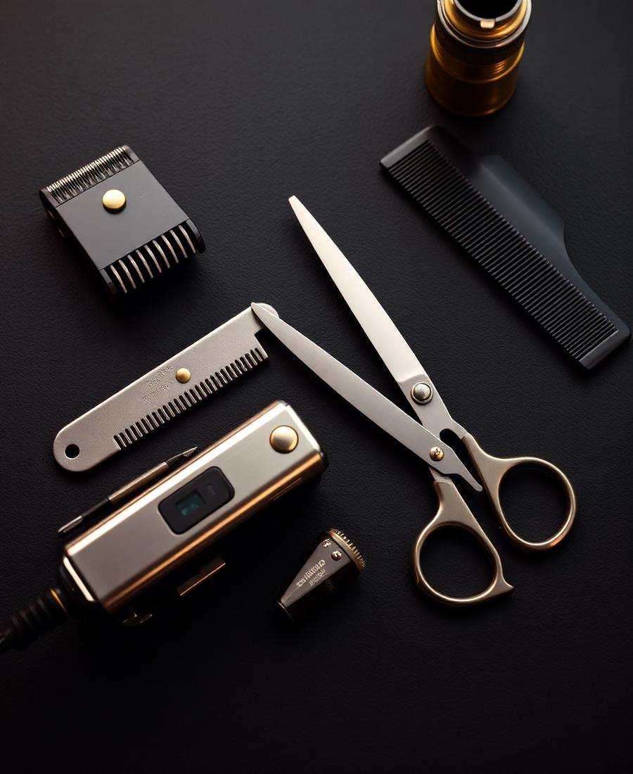 Barber tools laid out on a dark surface
